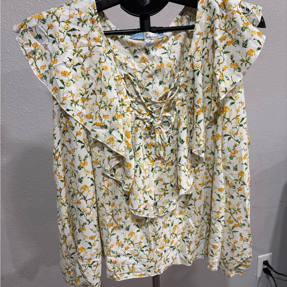 Floral Ruffle Top - Cream and Yellow